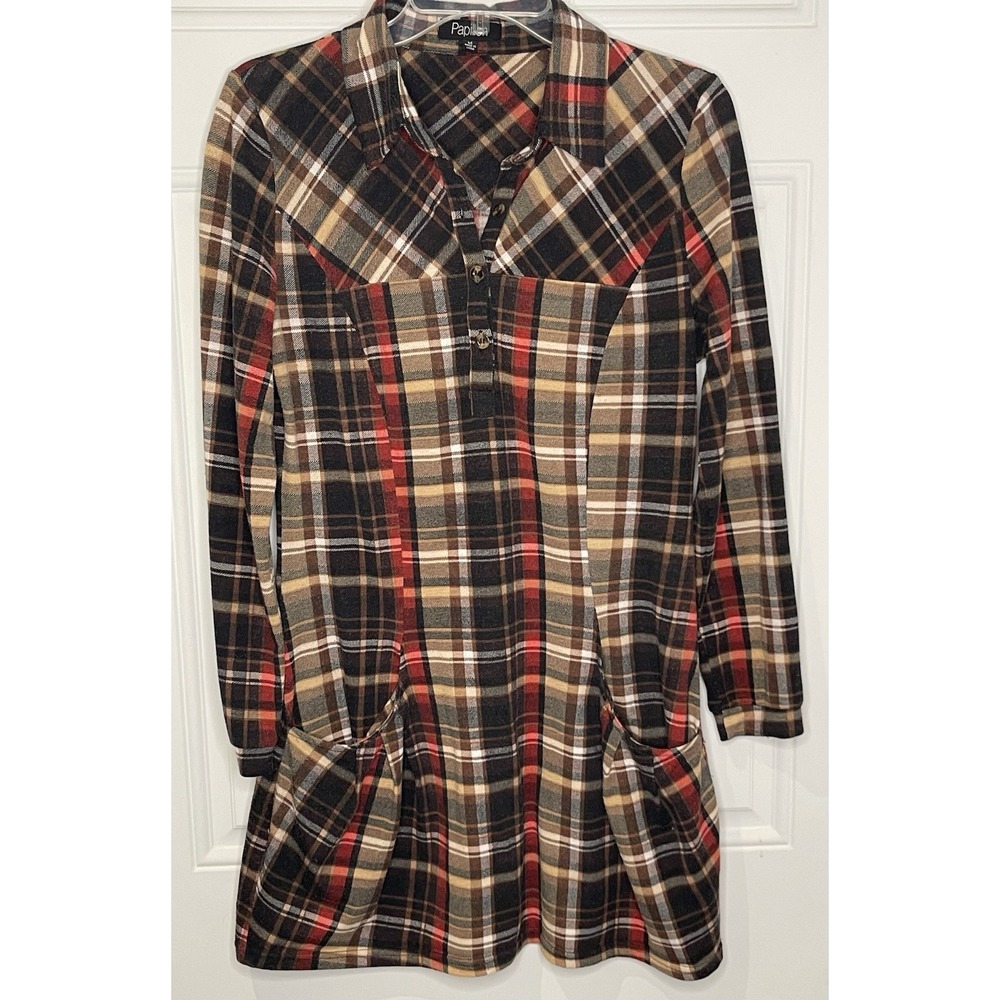 Papillon Women's Medium Plaid Long Sleeve Tunic Dress Brown Cream Orange Pockets